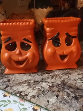 Vintage Orange Halloween Bag Ceramic Luminary Set - Unbranded
